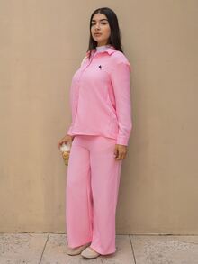 Andrea Bello 女士骑士印花单排扣长袖上衣和阔腿裤休闲套装，女士冬季睡衣套装，女士家居服衬衫套装，女士Polo衫运动服，女士家居服品牌服装 - 粉色 - 查看 5