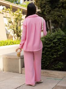 Andrea Bello 女士骑士印花单排扣长袖上衣和阔腿裤休闲套装，女士冬季睡衣套装，女士家居服衬衫套装，女士Polo衫运动服，女士家居服品牌服装 - 粉色 - 查看 2