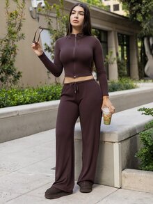 Andrea Bello Women's Fitted Jacket And Pants Casual Suit Set, Autumn Winter Going Out Slimed Two Pieces,Fall,Fall Clothes For Women - Coffee Brown - View 3