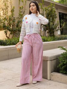 Andrea Bello 女士休闲镂空花卉装饰开衫，适合度假和夏季 - 米色 - 查看 6