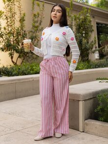 Andrea Bello 女士休闲镂空花卉装饰开衫，适合度假和夏季 - 米色 - 查看 5