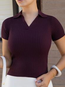 Andrea Bello Women's Solid Color Short Sleeve Casual Business Knit Top - Burgundy - View 3