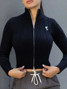 Andrea Bello Women's Solid Color Minimalist Casual Zip-Up Long Sleeve Sweater - Black - View 3