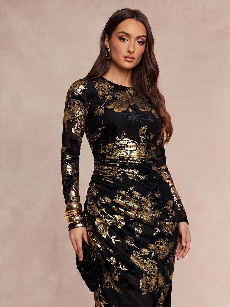 Silquee Elegant, Slim-Fit Black Long-Sleeved Party Dress Featuring Gold-Foil Flocking-Perfect For Autumn And Winter.Elegant Style, Casual Occasions, Formal - Black - View 6