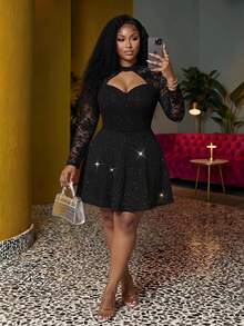 Slaydiva Plus Size Women Elegant Date & Party & Gathering Fitted Sequin Collar Hollow Out Rib Splice Lace Long Sleeve Dress, Spring Autumn,Graduation - Black - View 1