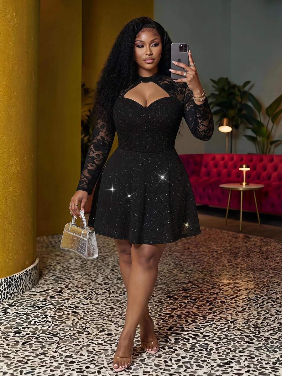 Slaydiva Plus Size Women Elegant Date & Party & Gathering Fitted Sequin Collar Hollow Out Rib Splice Lace Long Sleeve Dress, Spring Autumn,Graduation - Black - View 1