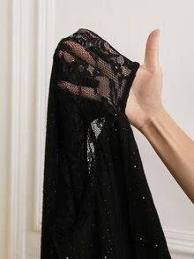Slaydiva Plus Size Women Elegant Date & Party & Gathering Fitted Sequin Collar Hollow Out Rib Splice Lace Long Sleeve Dress, Spring Autumn,Graduation - Black - View 7