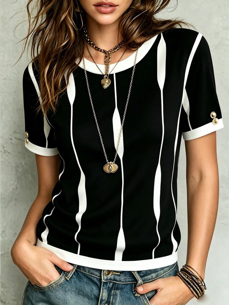 SHEIN Franclia Women's Colorblock Round Neck Short Sleeve Casual Versatile T-Shirt - Black - View 3