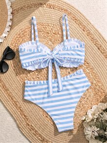 Swim Lushoire 春夏時尚性感女款波點印花設計度假網紅風海灘比基尼套裝 - 藍色 - 查看 2