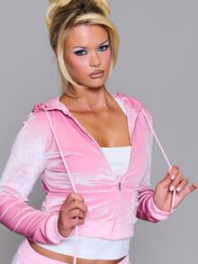 MUSERA Velour Zip Through Cropped Cinched Waist Coord Hoodie Autumn Fall Winter Daily Back To School Pink Pony - Pink - View 5