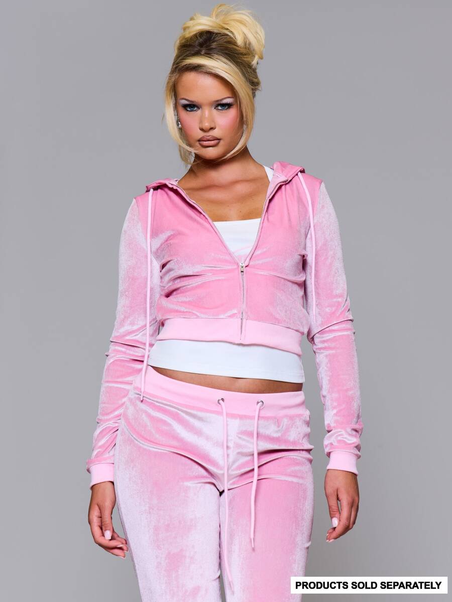 MUSERA Velour Zip Through Cropped Cinched Waist Coord Hoodie Autumn Fall Winter Daily Back To School Pink Pony - Pink - View 1