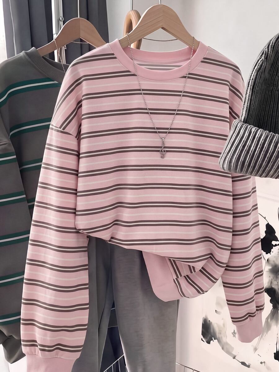 SHEIN LUNE Women's Pink Striped Drop Shoulder Long Sleeve Sweatshirt, Suitable For Autumn/Winter Back To School Season,Striped Top,Pink Top ,Chic - White - View 1