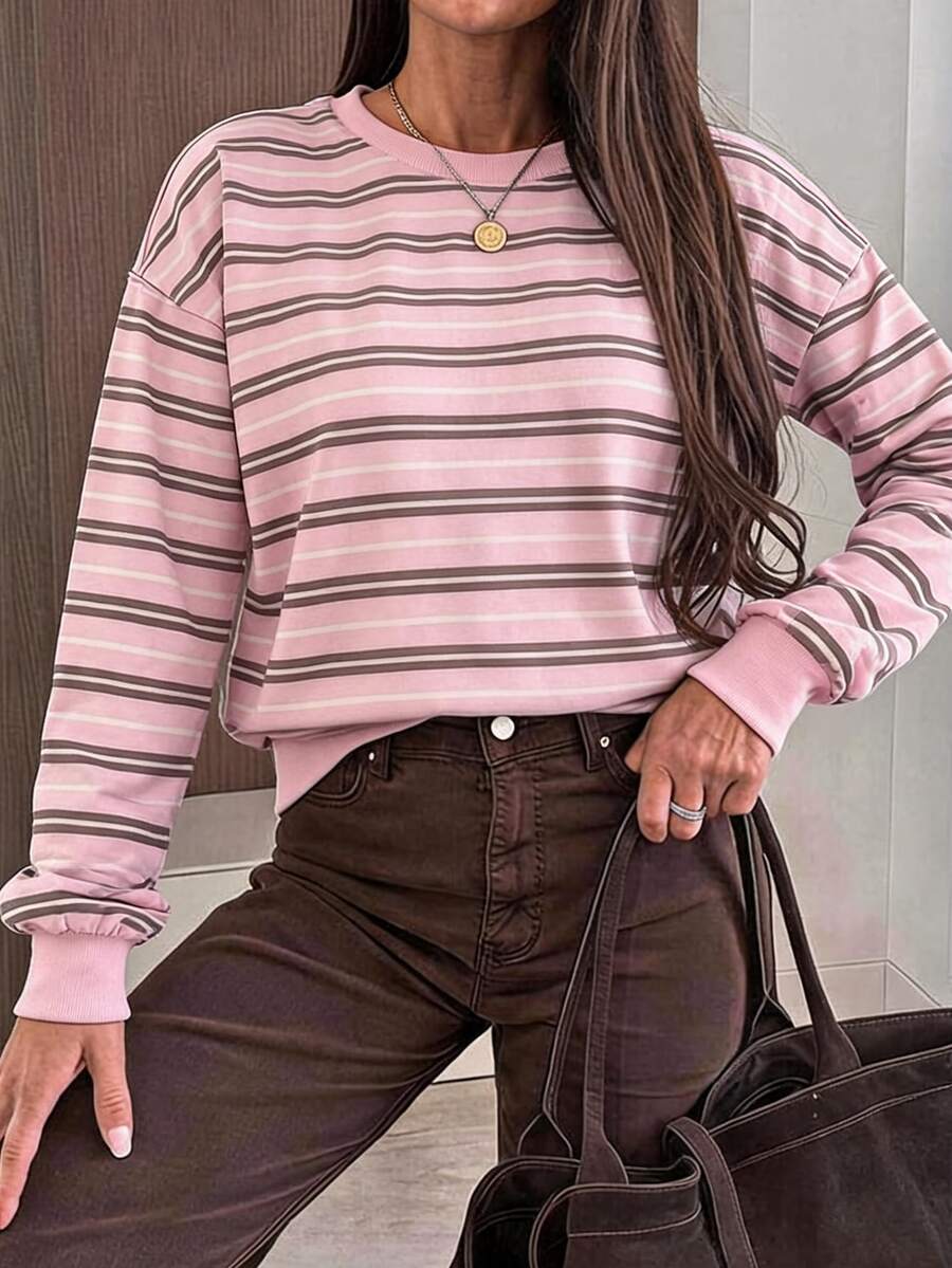 SHEIN LUNE 女款粉色條紋落肩長袖衛衣，適合秋冬返校季，條紋上衣，粉色上衣，時尚 - 白色 - 查看 1
