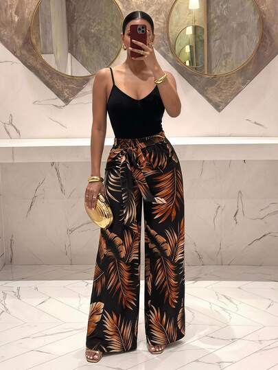 Slaydiva Casual Black Slim-Fit High-Elasticity Camisole Top And Loose Wide-Leg Printed Pants Women's 2pcs Set - Z