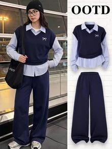 SHEIN 青少年女孩學院風 2 合 1 套裝，V 領蝴蝶結刺繡拼接條紋襯衫上衣與海軍藍寬腿長褲休閒套裝 - 藍色 - 查看 1