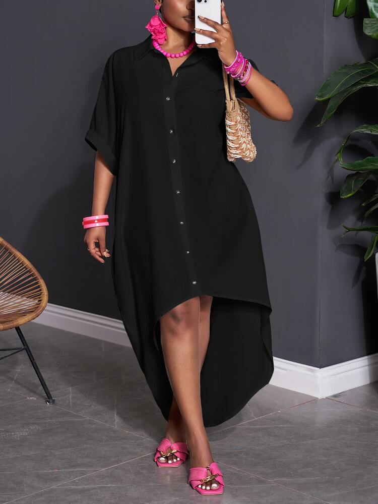 Slaydiva Plus Size Women's Solid Color Half Sleeve Single Breasted High Low Hem Shirt Dress - Black - View 3
