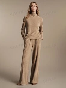 Anewsta Essential Set Rajut Cokelat Wanita Kerah Tinggi Berkerut Elegan untuk Perjalanan Harian - Khaki - View 5
