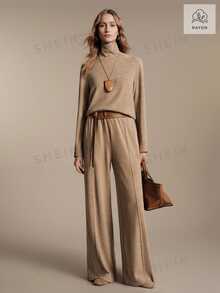 Anewsta Essential Set Rajut Cokelat Wanita Kerah Tinggi Berkerut Elegan untuk Perjalanan Harian - Khaki - View 1