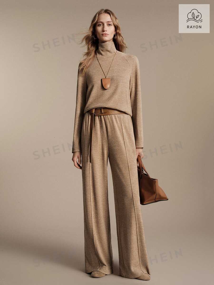 Anewsta Essential Set Rajut Cokelat Wanita Kerah Tinggi Berkerut Elegan untuk Perjalanan Harian - Khaki - View 1