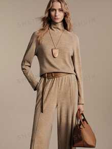 Anewsta Essential Set Rajut Cokelat Wanita Kerah Tinggi Berkerut Elegan untuk Perjalanan Harian - Khaki - View 4