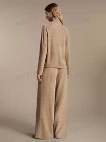 Anewsta Essential Set Rajut Cokelat Wanita Kerah Tinggi Berkerut Elegan untuk Perjalanan Harian - Khaki - View 2