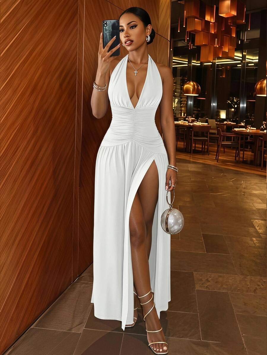 Slaydiva Gaun Panjang Model A-Line Elegan, Romantis, Seksi, dengan Leher V Dalam, Model Halter, dan Belahan di Bagian Bawah, Cocok untuk Pesta, Warna Putih, Gaun Wisuda.