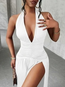 Slaydiva Gaun Panjang Model A-Line Elegan, Romantis, Seksi, dengan Leher V Dalam, Model Halter, dan Belahan di Bagian Bawah, Cocok untuk Pesta, Warna Putih, Gaun Wisuda. - Putih - View 8
