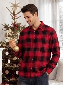 Sorvial Kemeja Kotak-kotak Natal Pria Gaya Jalanan Urban Renaissance Kasual Fashion Kreatif Pakaian Jalanan yang Dipersonalisasi - Merah - View 3