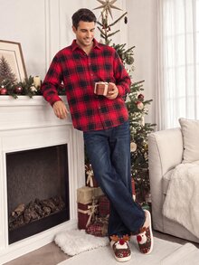 Sorvial Kemeja Kotak-kotak Natal Pria Gaya Jalanan Urban Renaissance Kasual Fashion Kreatif Pakaian Jalanan yang Dipersonalisasi - Merah - View 4
