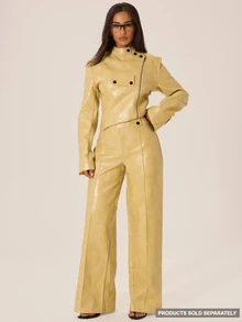 MUSERA Faux Leather Button Detail Low Rise Straight Leg Trouser Autumn Winter Fall City Coolgirl Cute Back To School Park Avenue - Yellow - View 1
