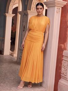 Anewsta Spring/Summer New Solid Color Elastic Mesh Soft Delicate Round Neck Gathered Design Plus Size Women Long Dress - Pale Yellow - View 6