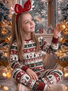 SHEIN Tween女孩秋冬聖誕可愛時尚百搭派對長袖褲裝套裝 日常居家穿著修身款 - 紅白色 - 查看 15