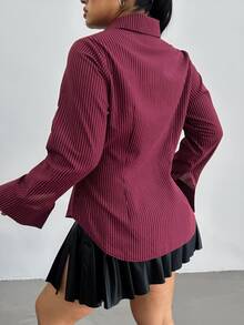 POPSWAY Plus Size College Striped Slim Fit Long Sleeve Shirt Fall Cloth For Women - Burgundy - View 2