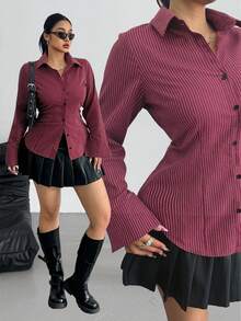 POPSWAY Plus Size College Striped Slim Fit Long Sleeve Shirt Fall Cloth For Women - Burgundy - View 1