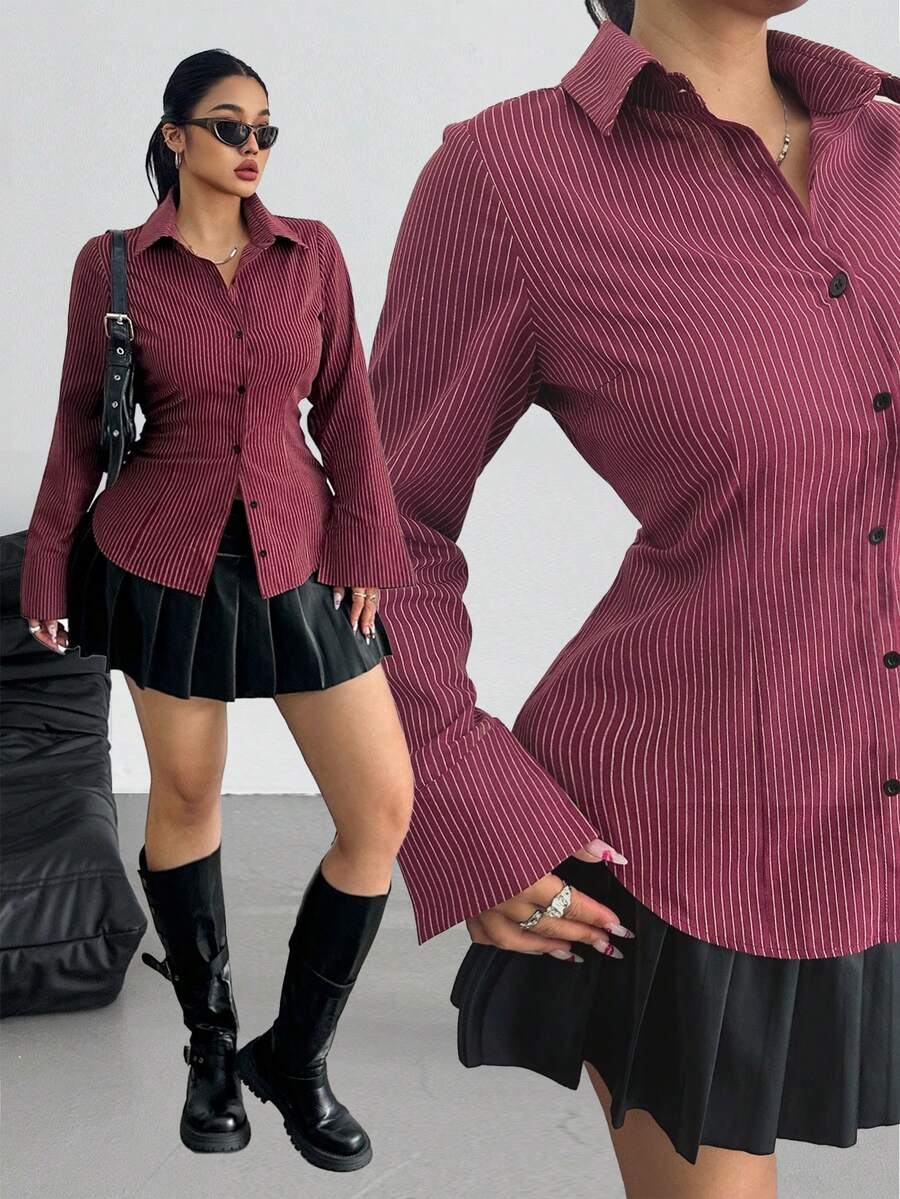 POPSWAY Plus Size College Striped Slim Fit Long Sleeve Shirt Fall Cloth For Women - Burgundy - View 1