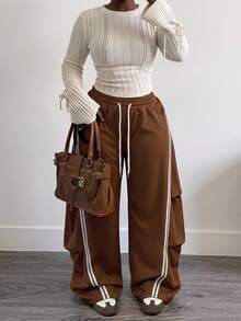 Slaydiva Plus Size Striped Colorblock Drawstring Sweatpants, Casual Joggers Wide Leg Lounge Pants For Summer Curvy Airport Formal Brown - Brown - View 2