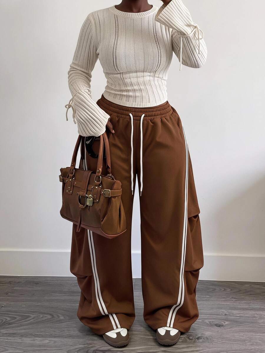 Slaydiva Plus Size Striped Colorblock Drawstring Sweatpants, Casual Joggers Wide Leg Lounge Pants For Summer Curvy Airport Formal Brown