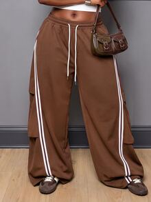 Slaydiva Plus Size Striped Colorblock Drawstring Sweatpants, Casual Joggers Wide Leg Lounge Pants For Summer Curvy Airport Formal Brown - Brown - View 6