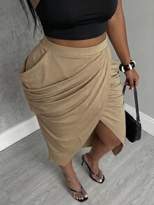 Slaydiva 2026春夏优雅通勤休闲装，生日派对，毕业季，学生装，日常出行，百搭基础款，休闲度假，早春新品，春夏音乐节，情人节，复活节，婚礼季，节日季，海滩度假，休闲，优雅，通勤，日常穿着，工作装，度假，派对，邮轮，聚会，基础款，日常约会，爆款，商务休闲，曲线时尚女装-大码女装-大码下装-大码裙子 - 卡其色 - 查看 4