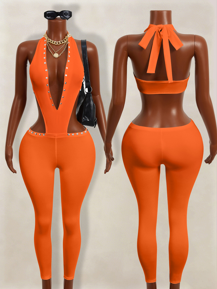 Zolique Sexy Backless Halter Neck Rivet Decor Jumpsuit With Deep V-Neck And Skinny Low Waist Pants For Women - Burnt Orange - View 3