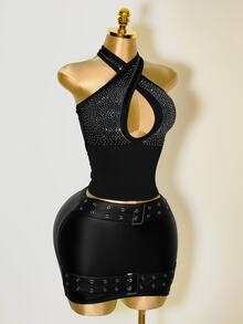 Zolique Women's Rhinestone Decor Hollow Out Sexy Fitted Halter Neck Camisole - Black - View 4