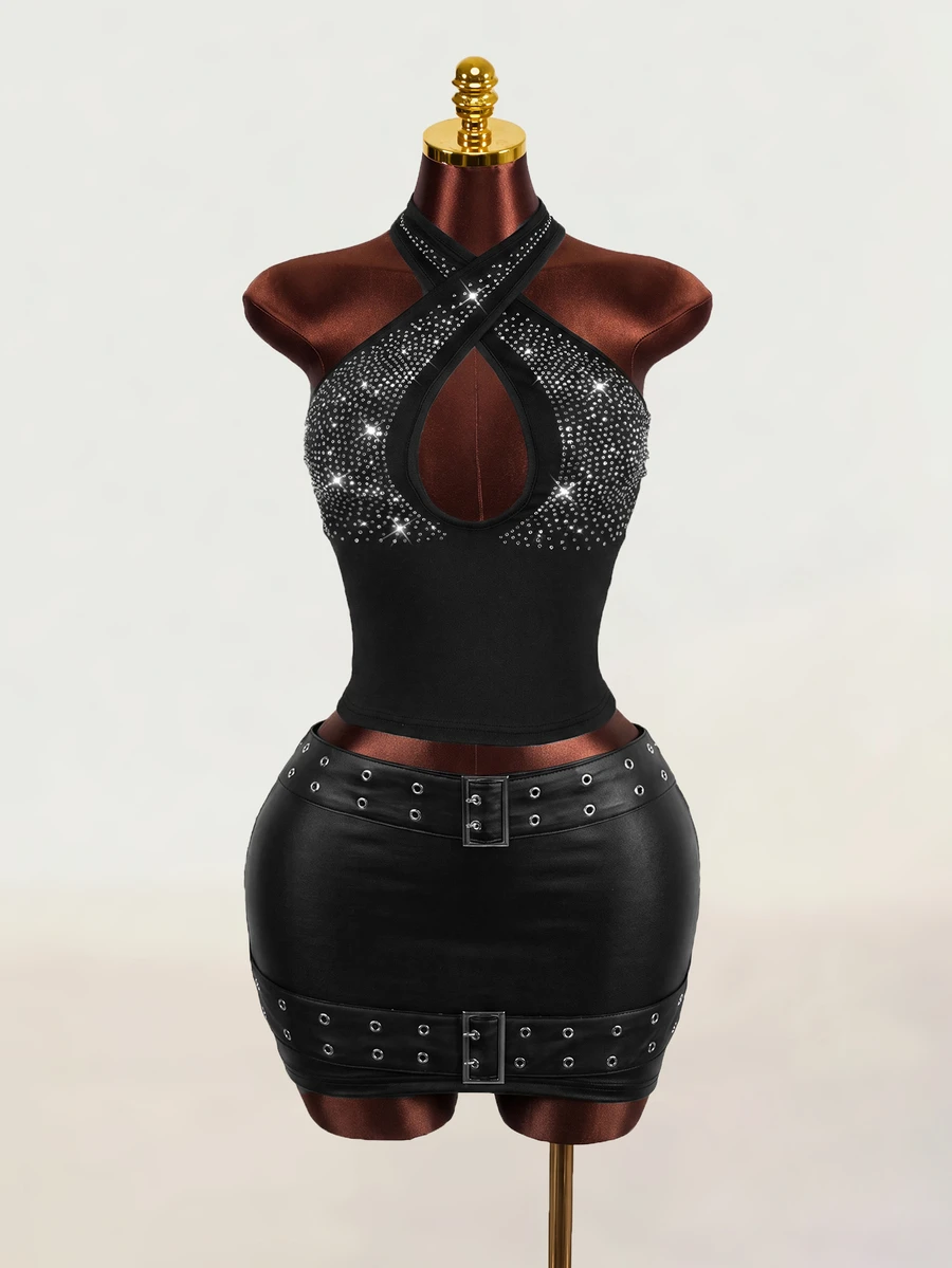 Zolique Women's Rhinestone Decor Hollow Out Sexy Fitted Halter Neck Camisole - Black - View 1