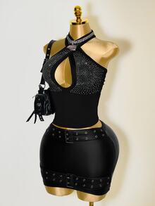 Zolique Women's Rhinestone Decor Hollow Out Sexy Fitted Halter Neck Camisole - Black - View 5
