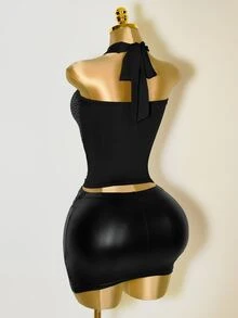 Zolique Women's Rhinestone Decor Hollow Out Sexy Fitted Halter Neck Camisole - Black - View 2