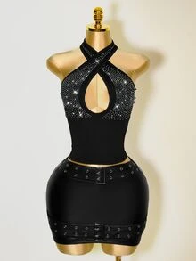 Zolique Women's Rhinestone Decor Hollow Out Sexy Fitted Halter Neck Camisole - Black - View 3