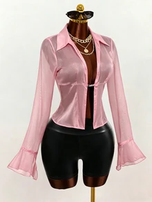 Zolique Women's Sexy Sheer Pink Blouse Club Night Out Party Summer - Baby Pink - View 6