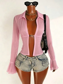 Zolique Women's Sexy Sheer Pink Blouse Club Night Out Party Summer - Baby Pink - View 3