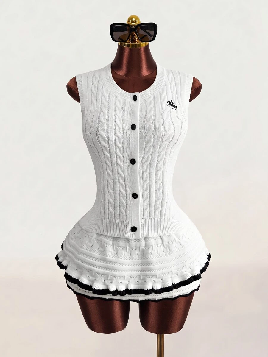Zolique Women's White Knit Button Sweater Vest Top Twisted Rope Sleeveless Casual Autumn Elegant And Classy School Back-To-School Patchwork Summer Tops - White - View 1