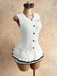 Zolique Women's White Knit Button Sweater Vest Top Twisted Rope Sleeveless Casual Autumn Elegant And Classy School Back-To-School Patchwork Summer Tops - White - View 8