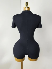 Zolique 女士罗纹极简纽扣半开襟短袖连体衣 - 藏蓝色 - 查看 2